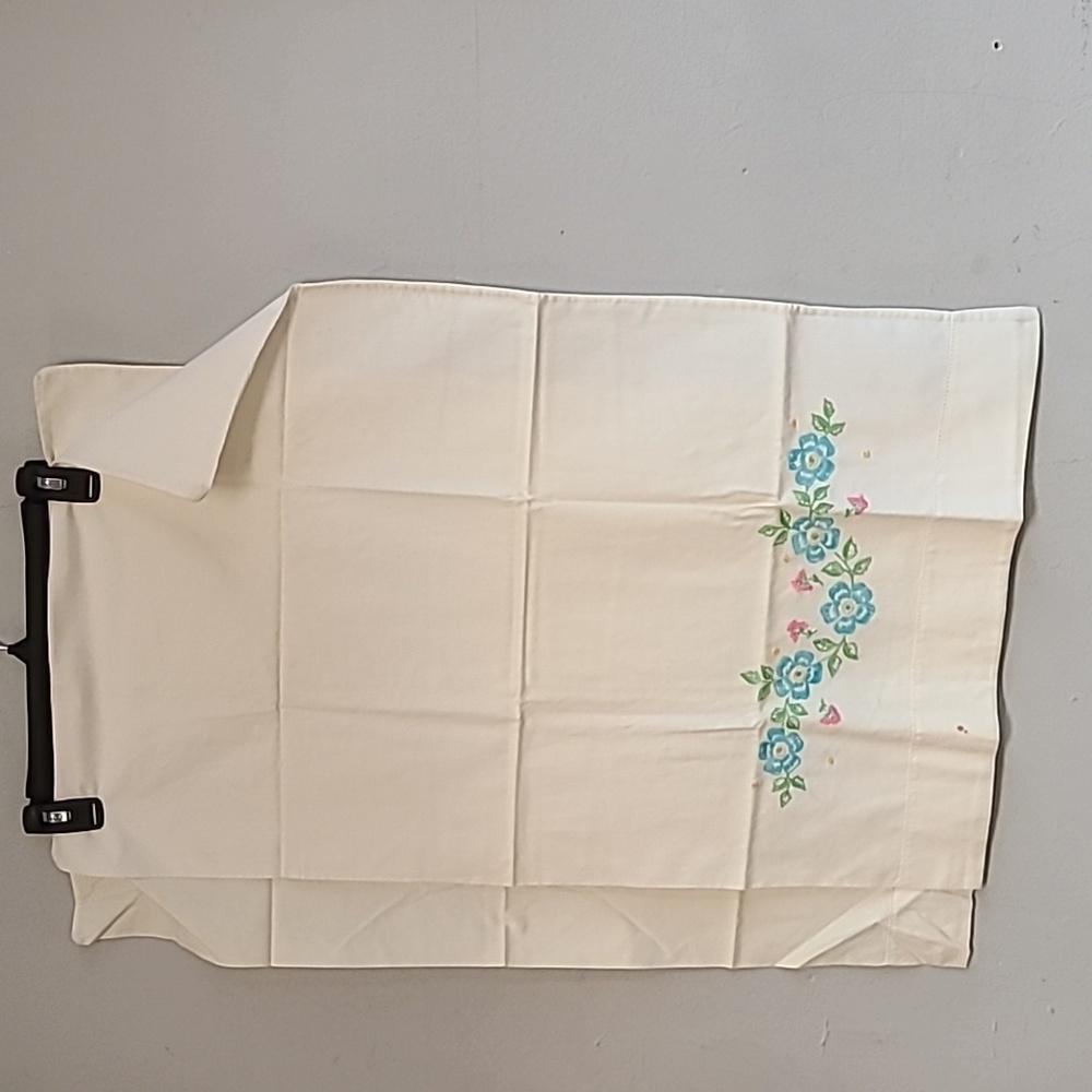 Pair (2) vintage pillowcases white embroidered flowers pink blue green cotton